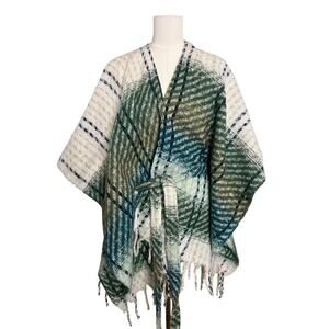 Boho Belted Plaid Kimono Poncho One Size Green Tie Belt Fringe Boho Festival